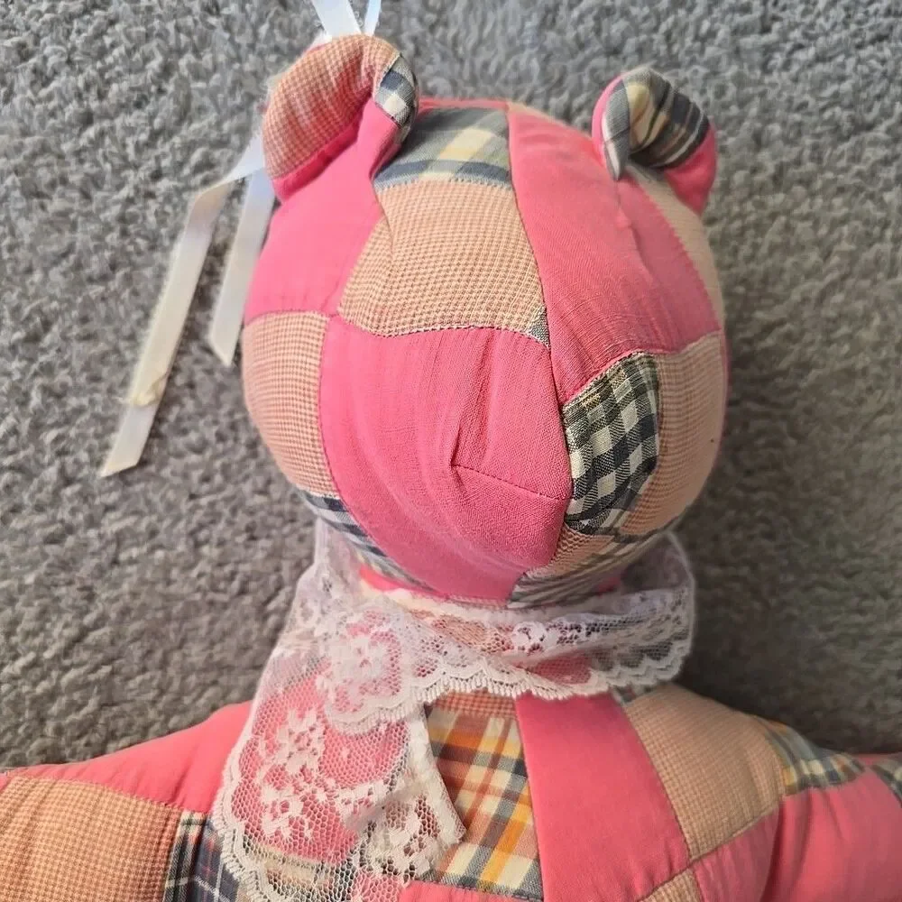 Quilted Stuffed Teddy Bear Pink pillow Kitsch Cottage Handmade 19